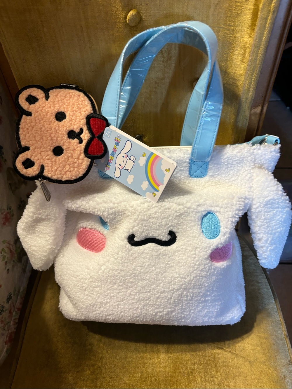Loungefly White Plush Cinnamoroll Tote with Light Blue Handles and Pink Accent